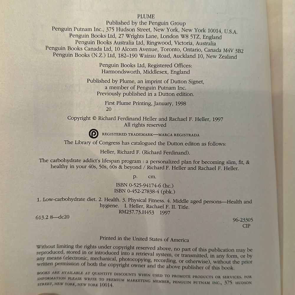 Cookbook Paperback Carbohydrate Addict’s Lifespan Program  Heller - Picture 8 of 12